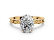 Solitaire Engagement Ring Setting for Oval Center with Engraved Milgrain Band and Prong Head in Yellow Gold