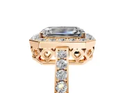 Halo Engagement Ring Setting for Emerald Cut Center with Heart-Shaped Openwork, Pave Band and Prong Head in Rose Gold