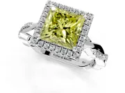 Halo Engagement Ring Setting for Fancy Yellow Princess Cut Center with Pave and Plain Twist Band and Prong Head in White Gold