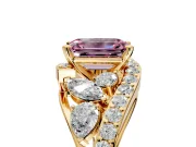Halo Engagement Ring Setting for Fancy Pink Emerald Cut Center with Marquise and Pave Bypass Band and Prong Head in Yellow Gold