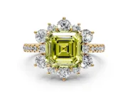 Floral Halo Engagement Ring Setting for Fancy Yellow Asscher Cut Center with Pave Accents and Prong Head in Yellow Gold