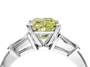 3 Stone Engagement Ring Setting for Fancy Yellow Cushion Cut Center with Channel Baguette Accents and Prong Head in White Gold