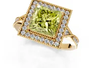 Halo Engagement Ring Setting for Fancy Yellow Princess Cut Center with Milgrain Rim, Pave Band and Prong Head in Yellow Gold