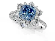 Floral Halo Engagement Ring Setting for Fancy Blue Cushion Cut Center with Pave Accents and Prong Head in White Gold