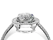 Milgrain Halo Engagement Ring Setting for Oval Center with Three-Sided Pave Band and Prong Head in Sterling Silver