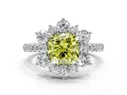 Floral Halo Engagement Ring Setting for Fancy Yellow Cushion Cut Center with Pave Accents and Prong Head in Platinum