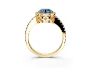 Accent Halo Engagement Ring Setting for Fancy Blue Round Cut Center with Full-Length Pave Band and Prong Head in Yellow Gold