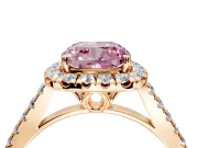 Halo Engagement Ring Setting for Fancy Pink Cushion Cut Center with Raised Halo, Pave Band and Prong Head in Rose Gold