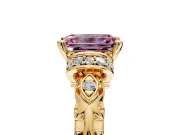 Solitaire Engagement Ring Setting for Fancy Pink Emerald Cut Center with Filigree Band and Prong Head in Yellow Gold