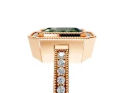 Halo Engagement Ring Setting for Fancy Green Emerald Cut Center with Milgrain Halo, Pave Band and Prong Head in Rose Gold