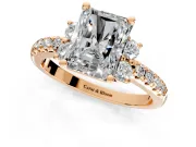 Paired Accent Engagement Ring Setting for Radiant Cut Center with Pave Band and Prong Head in Rose Gold