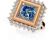 Halo Engagement Ring Setting for Fancy Blue Princess Cut Center with Milgrain Bezel Rim, Plain Band and Prong Head in Rose Gold