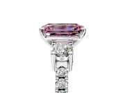 3 Stone Engagement Ring Setting for Fancy Pink Emerald Cut Center with Round Cut Side Accents and Prong Head in Sterling Silver