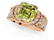 Pave Engagement Ring Setting for Fancy Yellow Asscher Cut Center with Curved Accent Rows, Openwork and Prong Head in Rose Gold