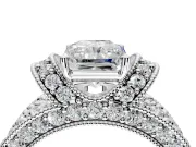 Pave Engagement Ring Setting for Radiant Cut Center with Curved Accent Rows, Openwork and Prong Head in White Gold