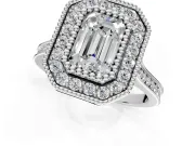 Halo Engagement Ring Setting for Emerald Cut Center with Milgrain Frame, Pave Band and Prong Head in White Gold