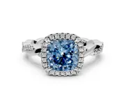 Halo Engagement Ring Setting for Fancy Blue Cushion Cut Center with Pave and Plain Twist Band and Prong Head in Sterling Silver