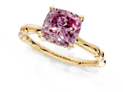 Solitaire Engagement Ring Setting for Fancy Pink Cushion Cut Center with Bamboo Band and Prong Head in Yellow Gold
