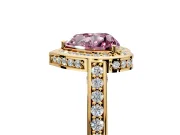 Halo Engagement Ring Setting for Fancy Pink Heart-Shaped Center with Framed Halo, Pave Band and Prong Head in Yellow Gold