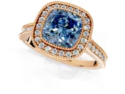 Halo Engagement Ring Setting for Fancy Blue Cushion Cut Center with Milgrain Pave Band and Bezel Head in Rose Gold