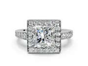Bezel-Framed Halo Engagement Ring Setting for Princess Cut Center with Pave Band and Prong Head in Platinum