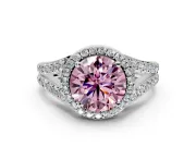 Halo Engagement Ring Setting for Fancy Pink Round Cut Center with Narrow Pave Split Shank and Prong Head in Platinum