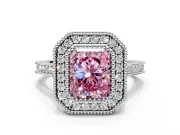 Halo Engagement Ring Setting for Fancy Pink Radiant Cut Center with Milgrain Frame, Pave Band and Prong Head in White Gold