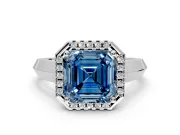 Halo Engagement Ring Setting for Fancy Blue Asscher Cut Center with Knife Ridge Cathedral Band and Prong Head in White Gold