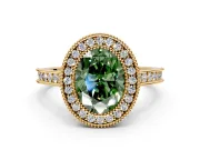 Halo Engagement Ring Setting for Fancy Green Oval Center with Milgrain Pave Band and Bezel Head in Yellow Gold