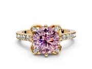 Floral Engagement Ring Setting for Fancy Pink Round Cut Center with Pave Band and Floral Prong Head in Yellow Gold