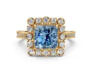 Milgrain Halo Engagement Ring Setting for Fancy Blue Princess Cut Center with Bezel Point Accents and Prong Head in Yellow Gold
