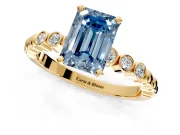 Solitaire Engagement Ring Setting for Fancy Blue Emerald Cut Center with Bezel-Dot Beaded Band and Prong Head in Yellow Gold