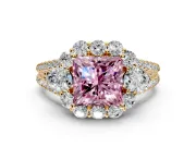 Halo Engagement Ring Setting for Fancy Pink Princess Cut Center with Two-Strand Split Shank and Prong Head in Yellow Gold