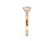 3 Stone Engagement Ring Setting for Radiant Cut Center with Channel Baguette Accents and Prong Head in Rose Gold