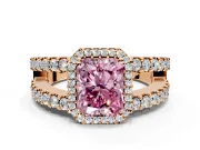 Halo Engagement Ring Setting for Fancy Pink Radiant Cut Center with Wide-Open Pave Split Shank and Prong Head in Rose Gold