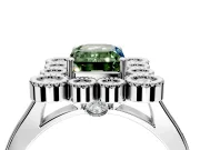 Cluster Halo Engagement Ring Setting for Fancy Green Emerald Cut Center with Milgrain Bezel Accents and Prong Head in White Gold