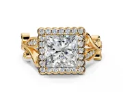 Halo Engagement Ring Setting for Princess Cut Center with Leaf Motif Split Shank and Prong Head in Yellow Gold