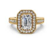 Milgrain Halo Engagement Ring Setting for Emerald Cut Center with Pave Band and Prong Head in Yellow Gold