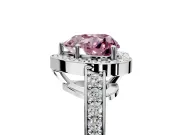 Bezel-Framed Halo Engagement Ring Setting for Fancy Pink Heart-Shaped Center with Pave Band and Prong Head in Platinum