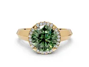 Halo Engagement Ring Setting for Fancy Green Round Cut Center with Knife Ridge Cathedral Band and Prong Head in Yellow Gold