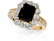 Halo Engagement Ring Setting for Fancy Black Radiant Cut Center with Milgrain Channel Band and Prong Head in Yellow Gold