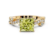 Solitaire Engagement Ring Setting for Fancy Yellow Princess Cut Center with Bar-Station Pave Twist and Prong Head in Yellow Gold