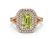 Double Halo Engagement Ring Setting for Fancy Yellow Emerald Cut Center with Narrow Pave Split Shank and Prong Head in Rose Gold