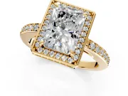 Halo Engagement Ring Setting for Radiant Cut Center with Metal-Rimmed Halo, Pave Band and Prong Head in Yellow Gold