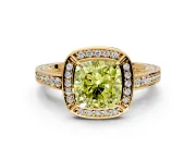 Halo Engagement Ring Setting for Fancy Yellow Cushion Cut Center with Framed Halo, Pave Band and Prong Head in Yellow Gold