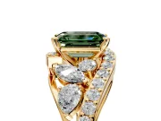 Halo Engagement Ring Setting for Fancy Green Emerald Cut Center with Marquise and Pave Bypass Band and Prong Head in Yellow Gold