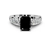 Solitaire Engagement Ring Setting for Fancy Black Emerald Cut Center with Graduated Shared Prongs and Prong Head in Sterling Silver