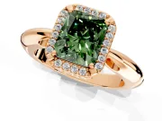 Halo Engagement Ring Setting for Fancy Green Radiant Cut Center with Tapered Plain Band and Prong Head in Rose Gold