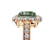 Halo Engagement Ring Setting for Fancy Green Radiant Cut Center with Milgrain Channel Band and Prong Head in Rose Gold