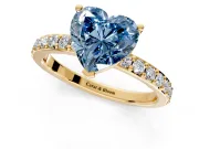 Solitaire Engagement Ring Setting for Fancy Blue Heart-Shaped Center with Round Cut Pave Band and Prong Head in Yellow Gold